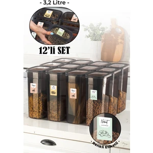Renkli Etiketli 12lı Set Peggy Dikdörtgen Saklama Kabı 3,2 Litre Antrasit