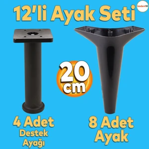 Aspen 12'li Set Mobilya Kanepe Koltuk Tv Ünitesi Ayağı Ayakları Destek 20 Cm Siyah Robot Süpürge
