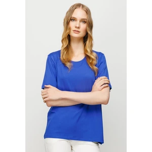 Desen Triko Kadın Sıfır Yaka Basic Penye T-shirt Saks