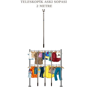 Manken İstanbul Gri 2 Metre Teleskopik Tekstil Askı Sopası Elbise Askı Sopası Pazarcı Sopası Kaldırma Sopası