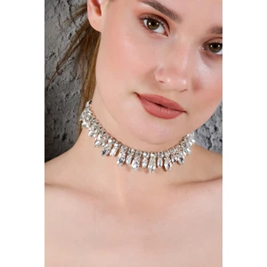 Furtek Aksesuar Kadın Büyük Küçük Badem Zirkon Taşlı Model Gümüş Pırlanta Abiye Düğün Nişan Gelin Kolye Tasma Choker