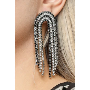 Furtek Aksesuar Kadın Siyah & Beyaz Zirkon Taşlı Saçaklı Sallantılı Model Gümüş Abiye Elbise Düğün Parti Balo Küpesi