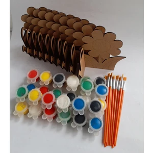 10 Adet Çiçek ve Sulama Kabı 5 Adet Akrilik Boya 10 Adet Fırça Çocuk Ahşap Boyama Okul Aktivite Etkinlik Sanat Hobi Seti