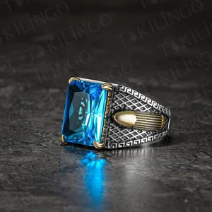 925 Ayar Gümüş Akuamarin Taşlı Usta Işi Özel Tasarım Erkek Yüzük