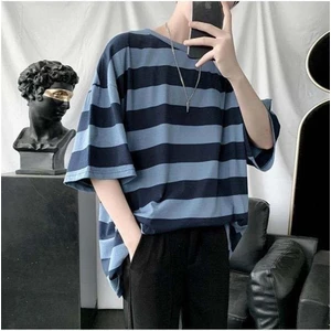 Harajuku Mavi Siyah Çizgili Oversize (Unisex) T-Shirt