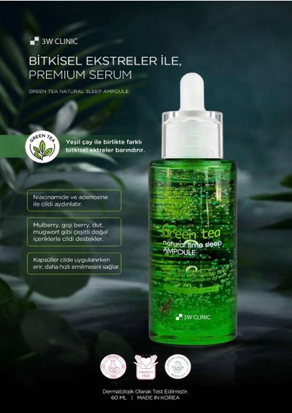 3W CLiNiC Hassas Ciltler İçin Yeşil Çay Serum Green Tea Natural Time Sleep Ampoule 60 ml