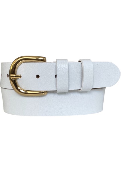 , Gold Tokalı Beyaz Kadın Kot, Spor Kemer 4 cm