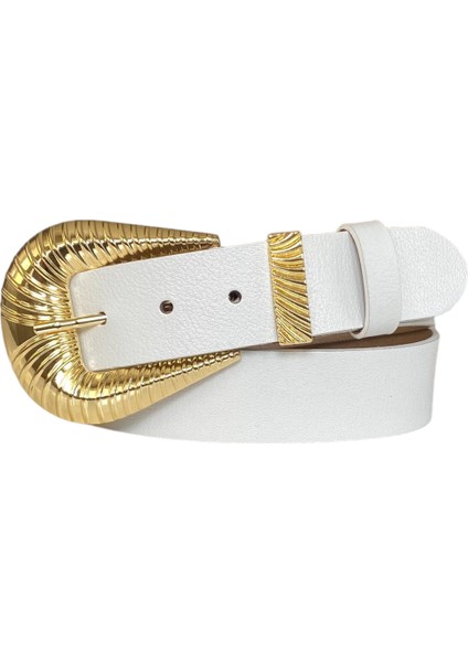 Hakiki Deri, Büyük Gold Tokalı, Metal Köprülü Beyaz Kadın Kot Kemeri 4 cm
