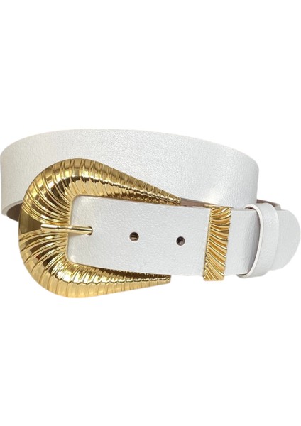 Hakiki Deri, Büyük Gold Tokalı, Metal Köprülü Beyaz Kadın Kot Kemeri 4 cm modelleri