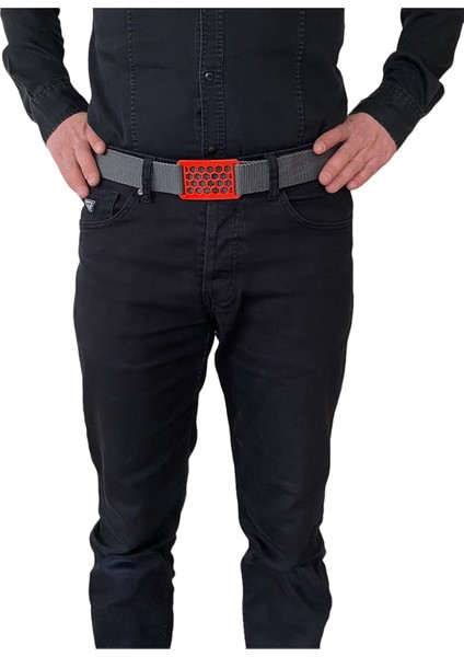2023 Yeni Sezon, Özel Tasarım, Unisex Kırmızı Petek Tokalı, Gri Kolon Kemer 4 cm