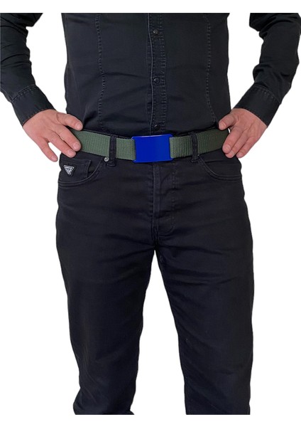 2023 Yeni Sezon, Özel Tasarım, Unisex Mavi Düz Tokalı, Yeşil Kolon Kemer 4 cm modelleri