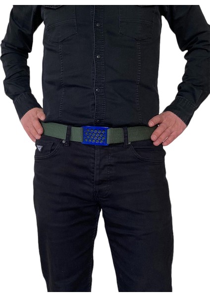 2023 Yeni Sezon, Özel Tasarım, Unisex Mavi Petek Tokalı, Yeşil Kolon Kemer 4 cm modelleri