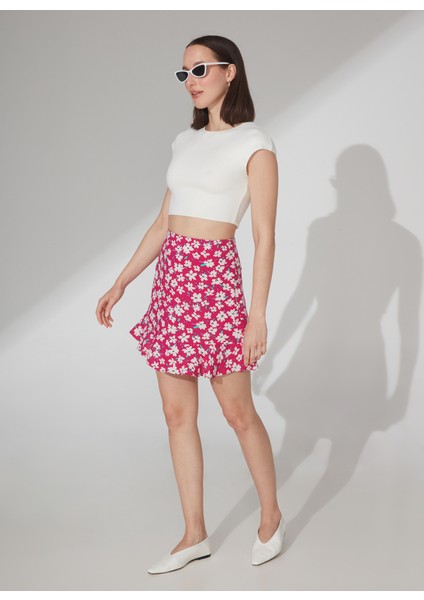 Yüksek Bel Fuşya Kadın Desenli Mini Etek Attock-2
