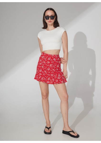 Yüksek Bel Kırmızı Kadın Desenli Mini Etek Attock-3