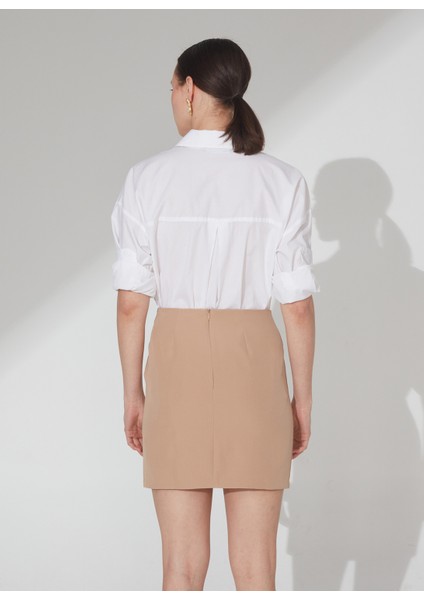 Yüksek Bel Koyu Bej Kadın Düz Mini Etek Gwadar