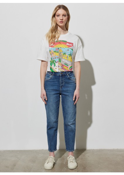 Yüksek Bel Dar Paça Mom Fit Kadın Denim Pantolon W246009XT