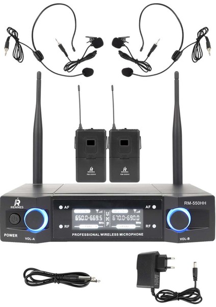 RM-550HH UHF Çiftli Yaka ve headset Telsiz Kablosuz Mikrofon Seti