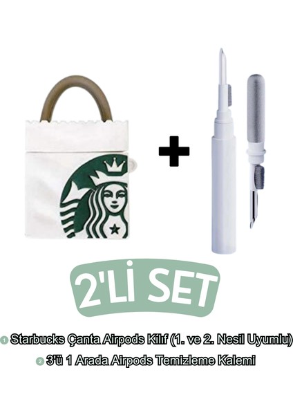 Airpods 1. ve 2. Nesil Uyumlu Starbucks Çanta Kılıf ve Beyaz 3'ü 1 Arada Airpods Temizleme Kalemi Seti