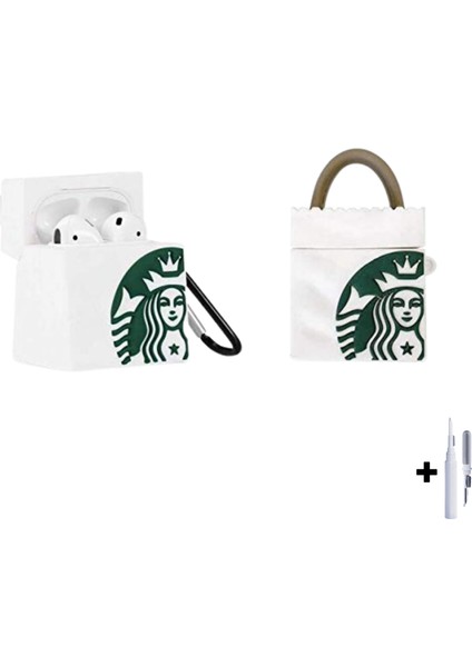 Airpods 1. ve 2. Nesil Uyumlu Starbucks Çanta Kılıf ve Beyaz 3'ü 1 Arada Airpods Temizleme Kalemi Seti