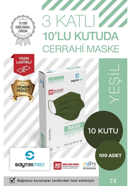 Meltblown Filtreli 3 Katlı Yassı Ipli 10'lu Pakette Haki Yeşil Maske (100 Adet/10 Kutu)