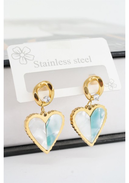 Kadın 316L Çelik Kararmaz Zirkon Taşlı Sedefli Kalp Figürlü Küpe Seti