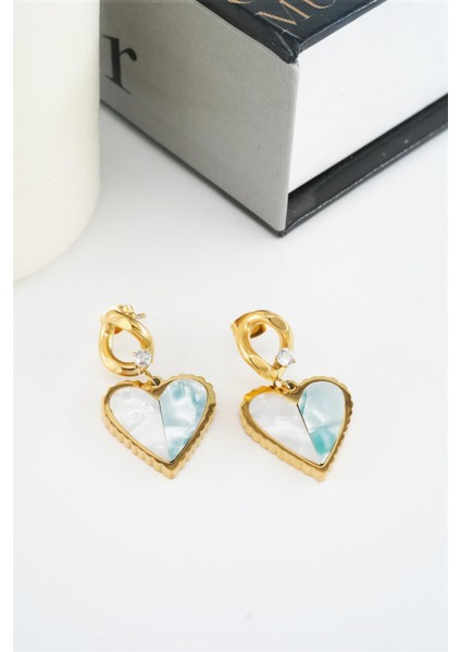 Kadın 316L Çelik Kararmaz Zirkon Taşlı Sedefli Kalp Figürlü Küpe Seti fiyatları