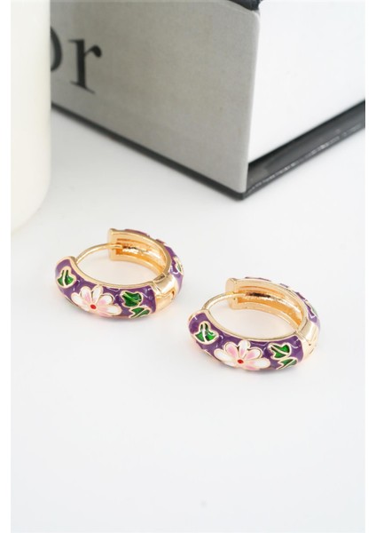 Kadın Özel Seri Mineli Çiçek Motifli Kararmaz 2 cm Halka Küpe Seti