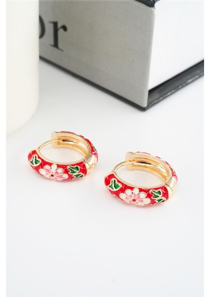 Kadın Özel Seri Mineli Çiçek Motifli Kararmaz 2 cm Halka Küpe Seti