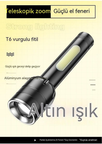 LED Acil Güçlü Işık Uzun Menzilli Açık El Feneri, USB Şarj Çıkışı Alüminyum El Feneri, Güçlü Çok Amaçlı El Feneri Kamp Işığı Reflektör (Yurt Dışından)