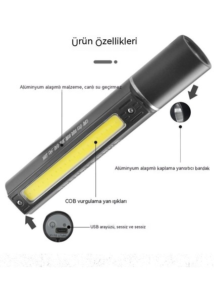 Açık Parlak Mini Teleskopik El Feneri, Ev USB Şarj Cob Yan Işık Alüminyum El Feneri, Güçlü Çok Amaçlı El Feneri Kamp Lambası Reflektör (Yurt Dışından)