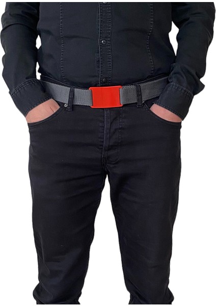 2023 Yeni Sezon, Özel Tasarım, Unisex Kırmızı Düz Tokalı, Gri Kolon Kemer 4 cm