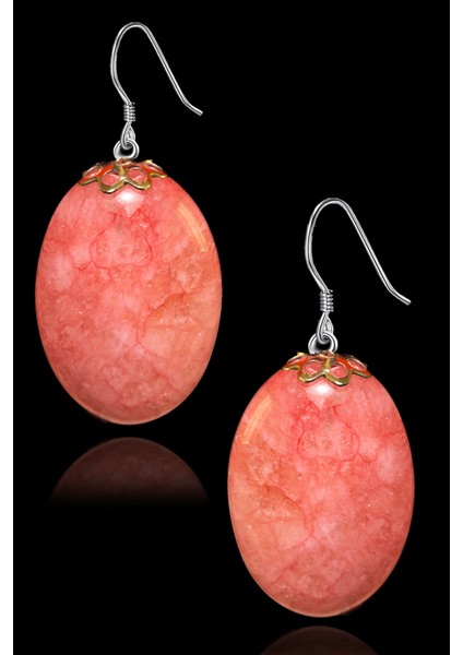 Oval Kesim Gül Kuvars Taşı Doğal Taş Küpe