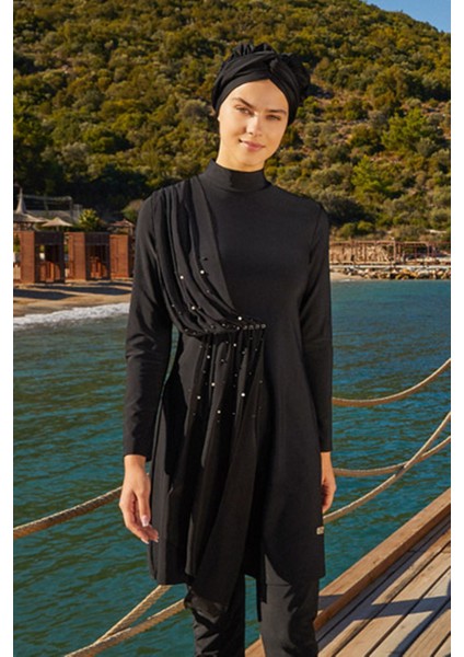 Arıcı Store Adesa 4248 Şifon Parçalı Likralı Siyah Model Tesettür Mayo