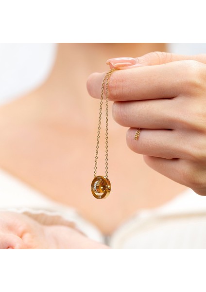Üçlü Halka Tasarım Gold Renk Çelik Kadın Kolye fırsatları