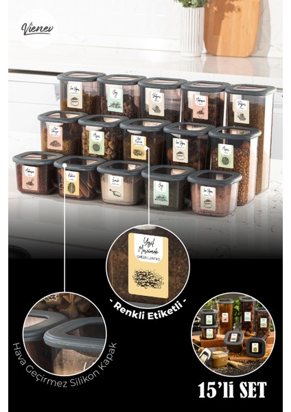 15li Renkli Etiketli Foly Kare Erzak Saklama Kabı 5x(0,55 lt + 1,2 lt + 1,75 lt) Antrasit