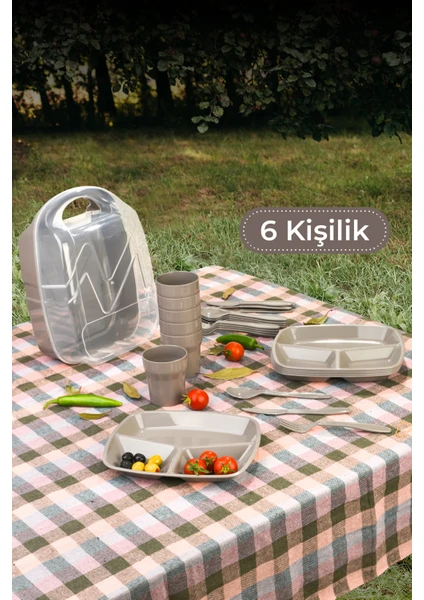 6 Kişilik Çantalı Piknik Seti Bej