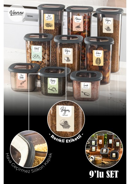 Renkli Etiketli Foly Kare Erzak Saklama Kabı 3x(0,55 lt + 1,2 lt + 1,75 lt) Antrasit