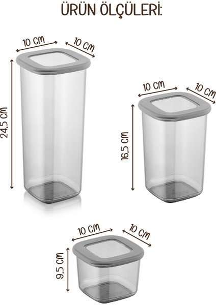 Renkli Etiketli Foly Kare Erzak Saklama Kabı 3x(0,55 lt + 1,2 lt + 1,75 lt) Antrasit indirimleri