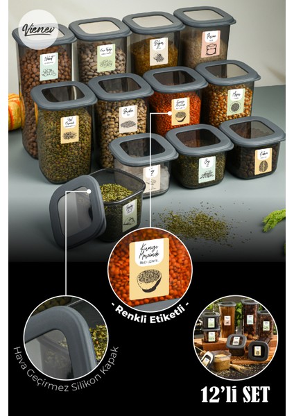 12li Renkli Etiketli Foly Kare Erzak Saklama Kabı 4x(0,55 lt + 1,2 lt + 1,75 lt) Antrasit