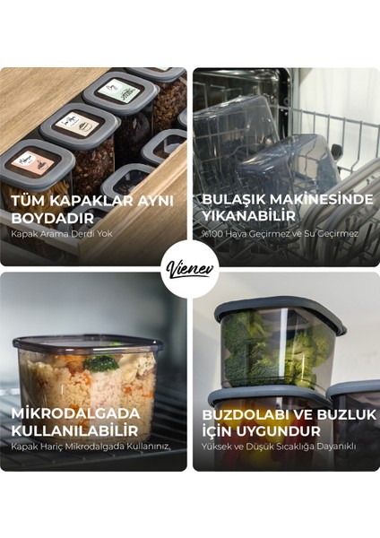 12li Renkli Etiketli Foly Kare Erzak Saklama Kabı 4x(0,55 lt + 1,2 lt + 1,75 lt) Antrasit