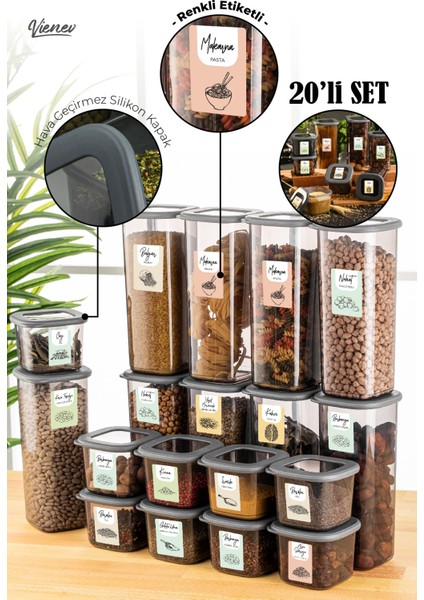 20li Renkli Etiketli Foly Kare Erzak Saklama Kabı 10x(0,55 lt + 1,75 lt) Antrasit
