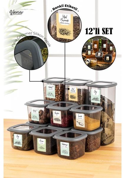 12li Renkli Etiketli Foly Kare Erzak Saklama Kabı 9x(0,55 lt) 3x(1,75 lt) Antrasit