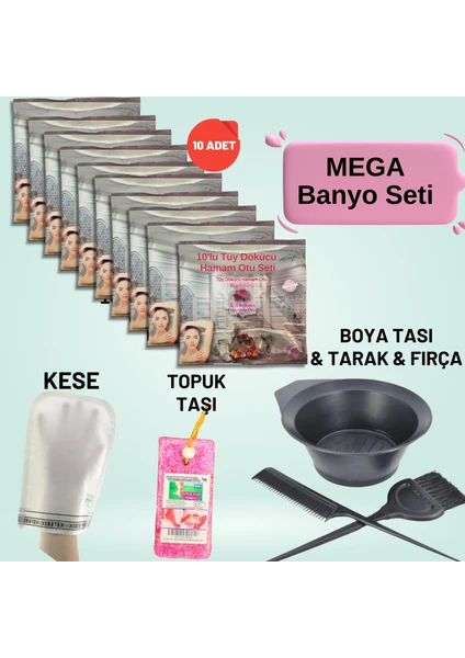 10 Paket Hamam Otu Toz Tüy Dökücü + Boya Kabı + Tarak + Fırça + Hamam Kesesi + Topuk Taşı Banyo Seti