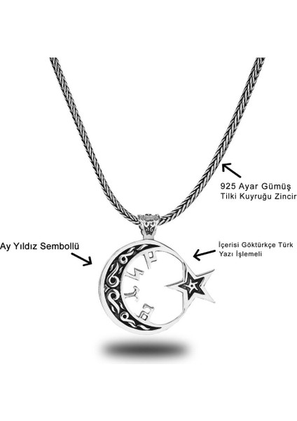 925 Ayar Gümüş Ayyıldız Model Içi Göktürkçe Türk Yazılı Erkek Kolye