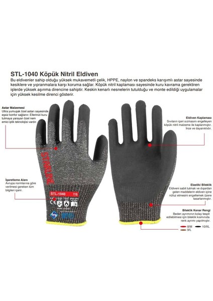 STL-1040 Köpük Nitril Kesilmez Eldiven 9 Beden 5 Çift