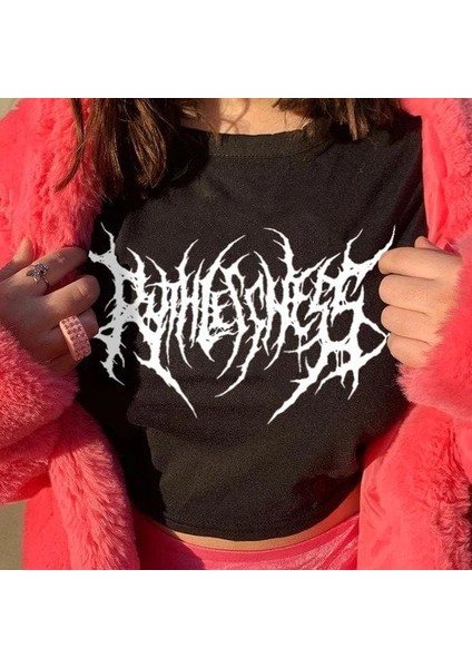 Gothic Punk Siyah Yarım Kadın T-Shirt