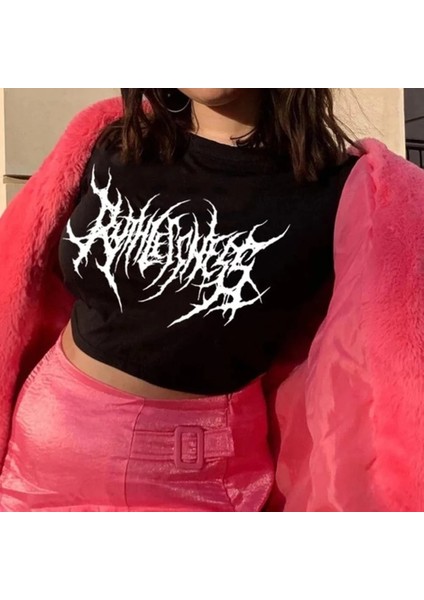 Gothic Punk Siyah Yarım Kadın T-Shirt