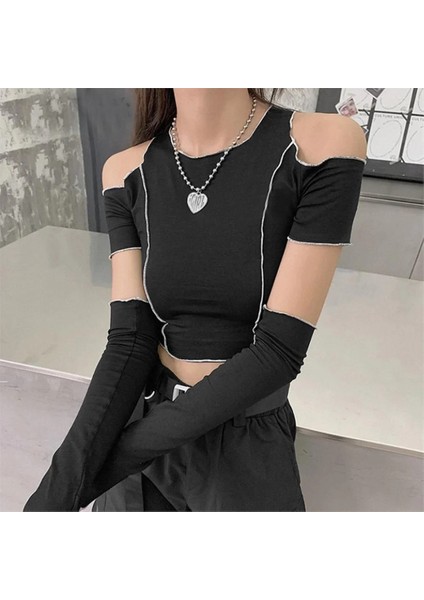 Beyaz Dikiş Detaylı ve Kolluklu Yarım T-Shirt