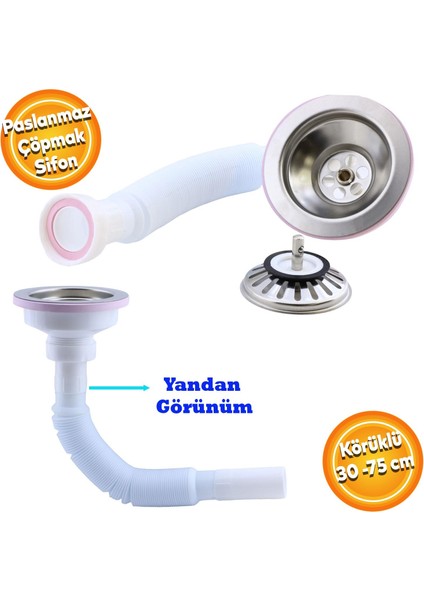 Lüks Çöpmak Körüklü Evye Lavabo Sifonu Gider Borusu Akordiyon Plastik Geniş Kafa Paslanmaz 30 -75 cm