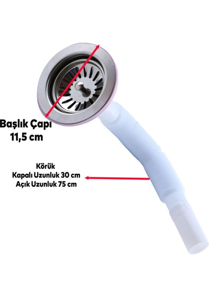 Lüks Çöpmak Körüklü Evye Lavabo Sifonu Gider Borusu Akordiyon Plastik Geniş Kafa Paslanmaz 30 -75 cm